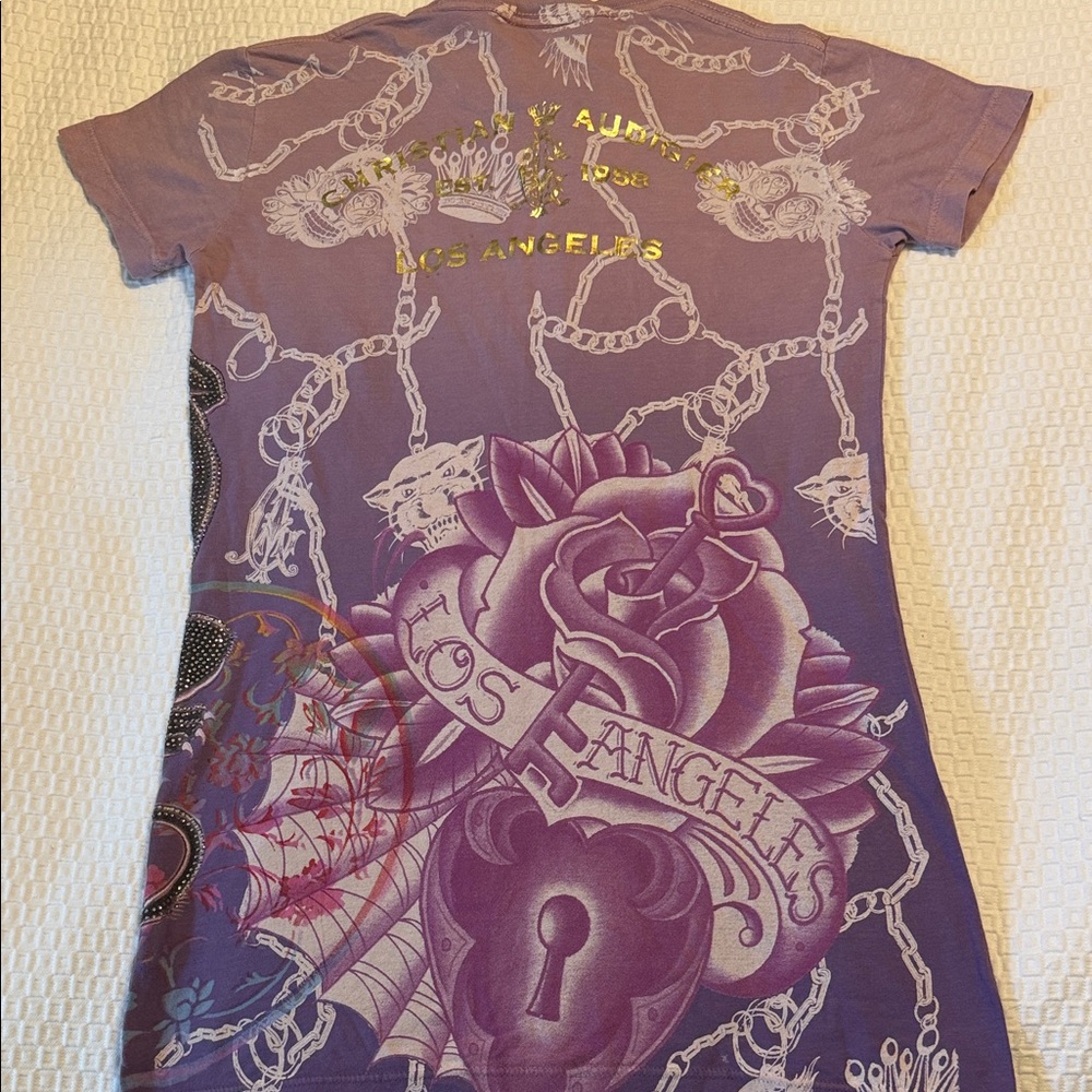 Y2K Christian Audigier Rhinestone Graphic Shirt - Purple - Picture 7 of 11